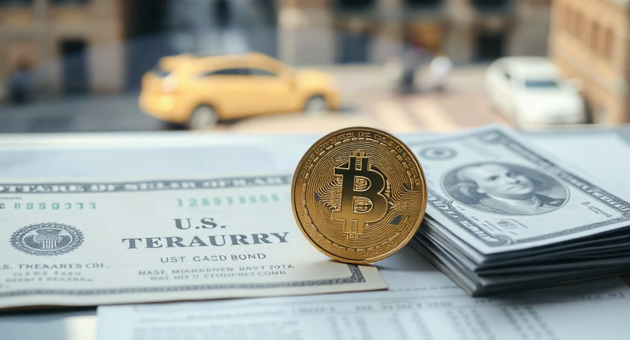 Bitcoin coin next to U.S. dollar bills and Treasury documents, symbolizing the relationship between debt policy and Bitcoin.