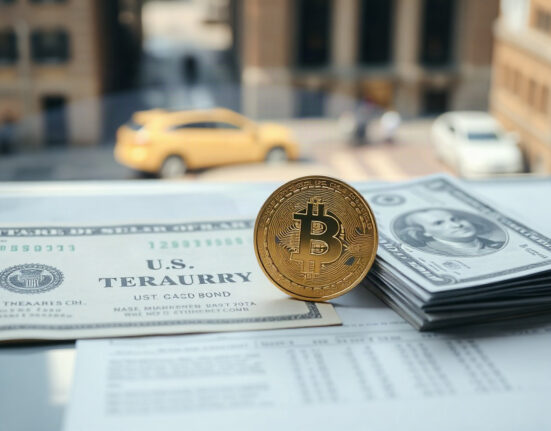 Bitcoin coin next to U.S. dollar bills and Treasury documents, symbolizing the relationship between debt policy and Bitcoin.