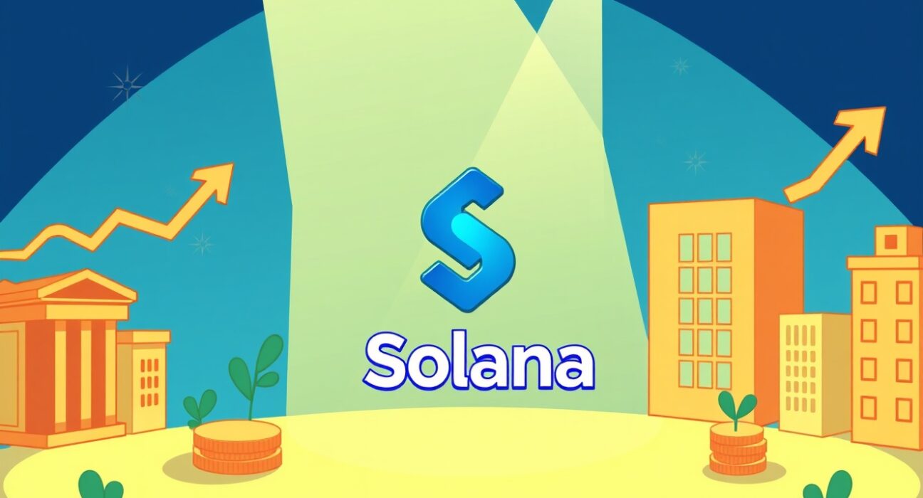 Cartoon illustration showing a spotlight on a Solana logo, symbolizing the significant update to VanEck's SOL spot ETF filing.