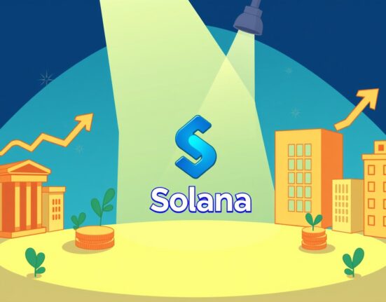 Cartoon illustration showing a spotlight on a Solana logo, symbolizing the significant update to VanEck's SOL spot ETF filing.