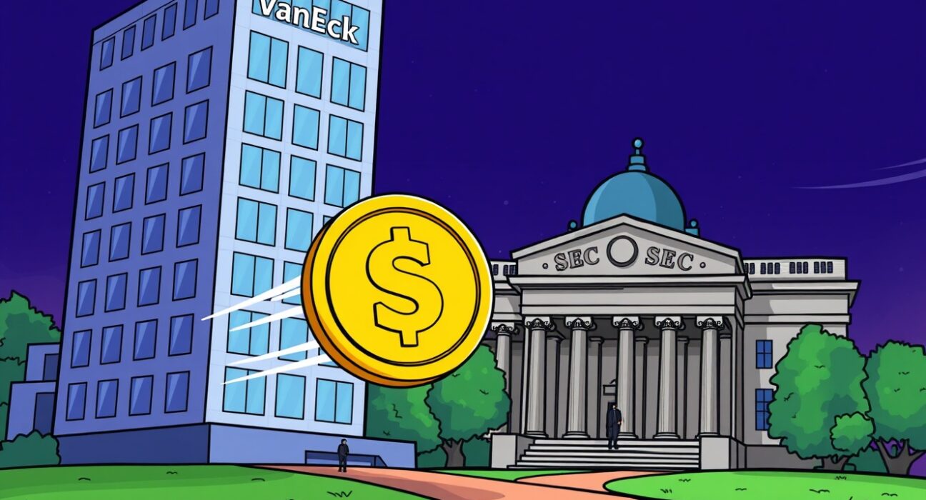 A cartoon depiction of VanEck's ongoing efforts to secure approval for a spot Solana ETF from the SEC, highlighting regulatory progress.