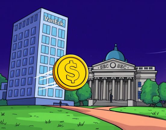 A cartoon depiction of VanEck's ongoing efforts to secure approval for a spot Solana ETF from the SEC, highlighting regulatory progress.