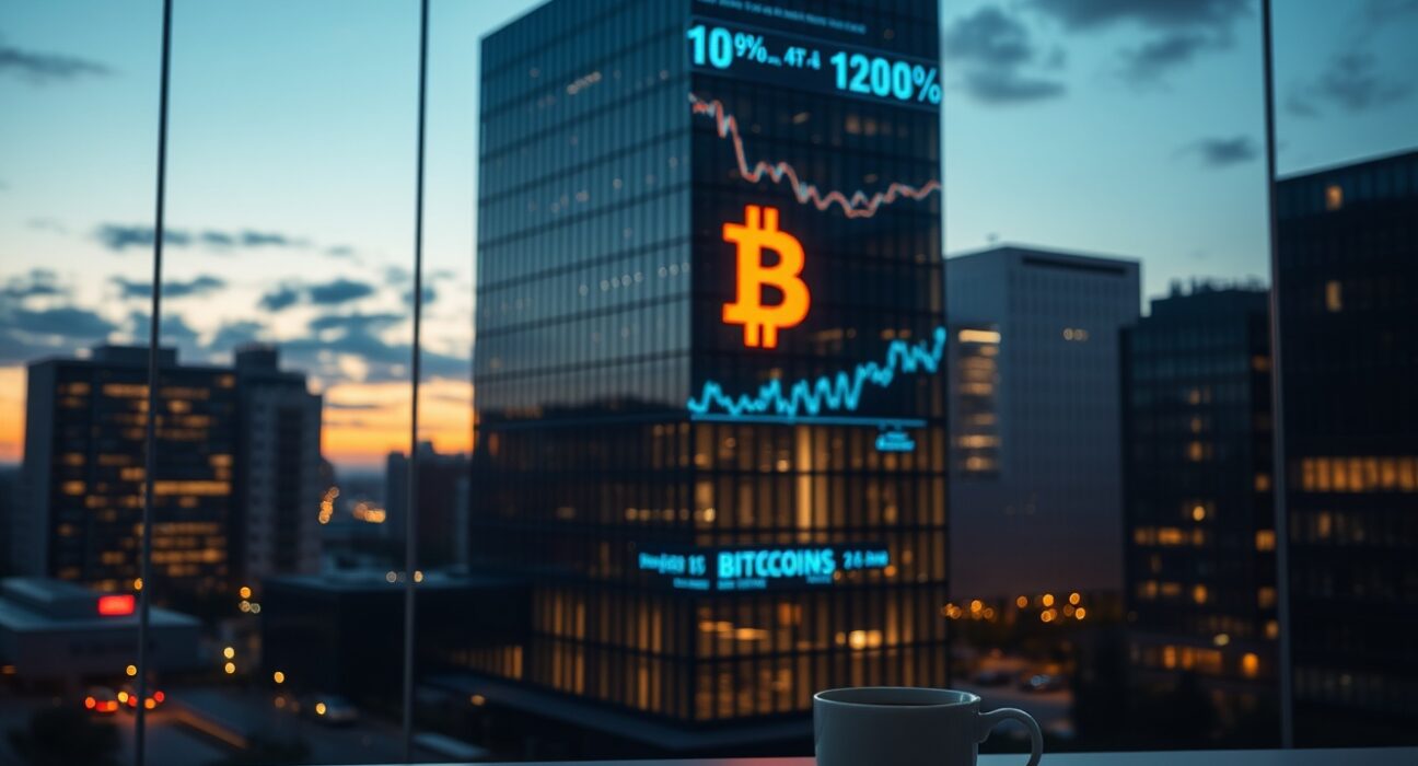 Modern office building at twilight with financial data screens in background representing corporate Bitcoin strategy