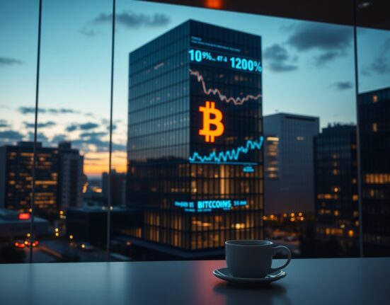 Modern office building at twilight with financial data screens in background representing corporate Bitcoin strategy