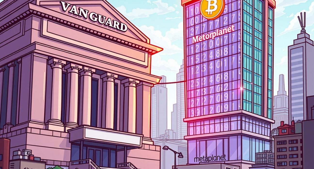 A cartoon showing Vanguard's indirect Bitcoin investment strategy via Metaplanet, bridging traditional finance and crypto.