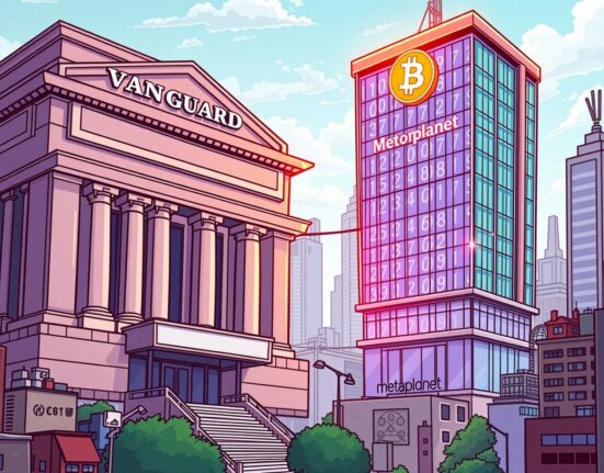 A cartoon showing Vanguard's indirect Bitcoin investment strategy via Metaplanet, bridging traditional finance and crypto.