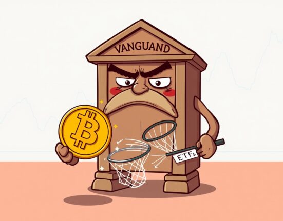A cartoon of Vanguard calling Bitcoin a speculative digital toy while offering crypto ETFs.