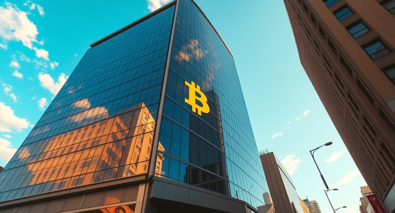 Vanguard Group building with Bitcoin symbol reflection in windows representing institutional Bitcoin investment strategy