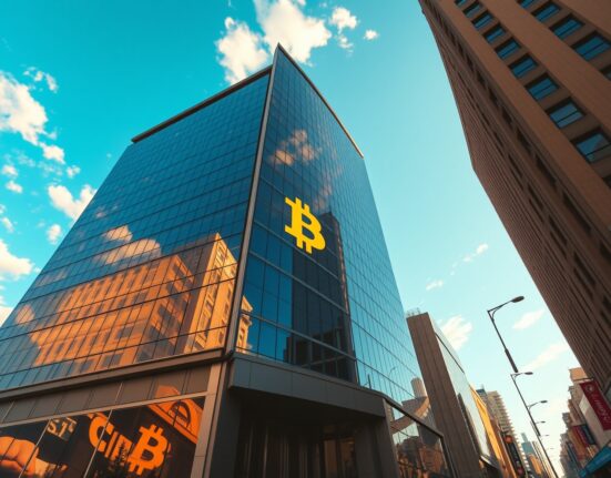 Vanguard Group building with Bitcoin symbol reflection in windows representing institutional Bitcoin investment strategy