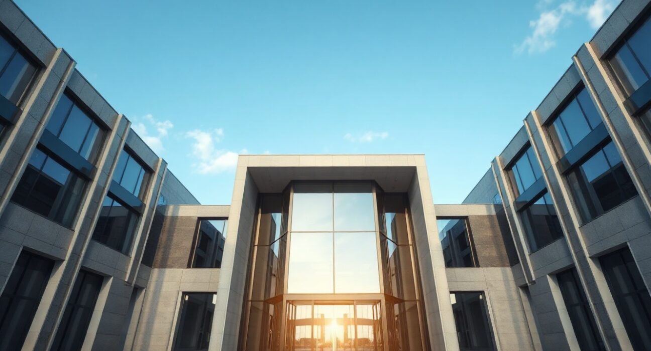 Modern corporate office building representing Vanguard with subtle digital network overlay symbolizing blockchain technology