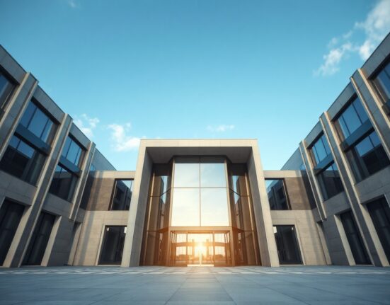 Modern corporate office building representing Vanguard with subtle digital network overlay symbolizing blockchain technology