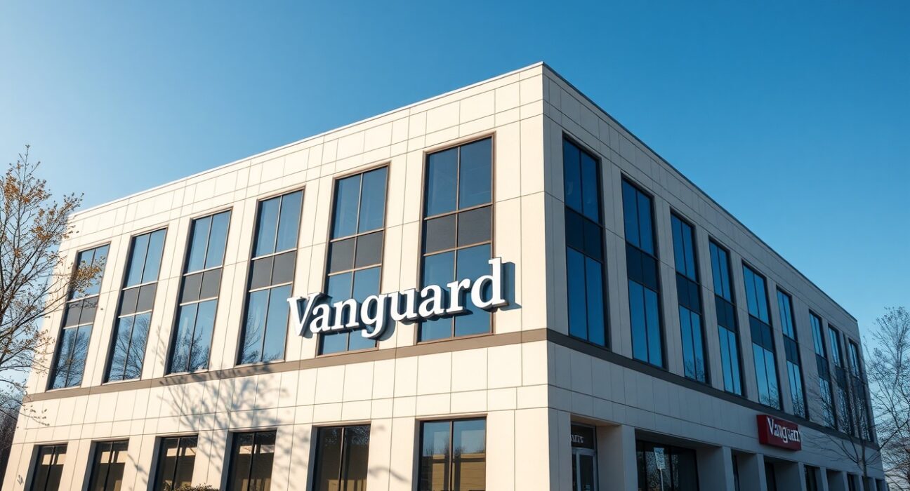 Vanguard corporate headquarters building in Malvern, Pennsylvania, under clear sky.