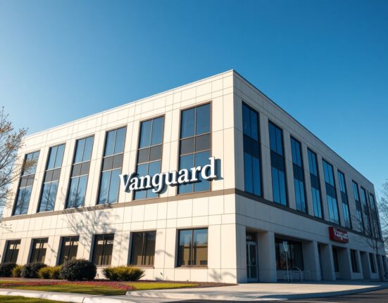 Vanguard corporate headquarters building in Malvern, Pennsylvania, under clear sky.