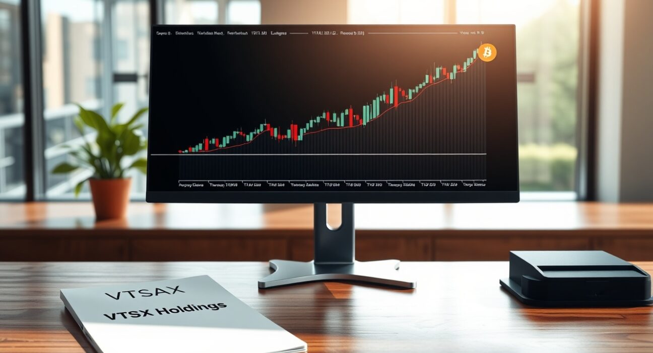 Financial desk with stock chart and VTSAX portfolio document, representing Vanguard's increased Strive holdings