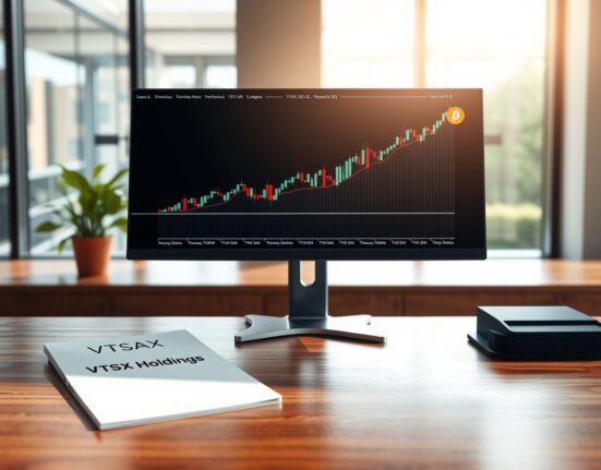 Financial desk with stock chart and VTSAX portfolio document, representing Vanguard's increased Strive holdings