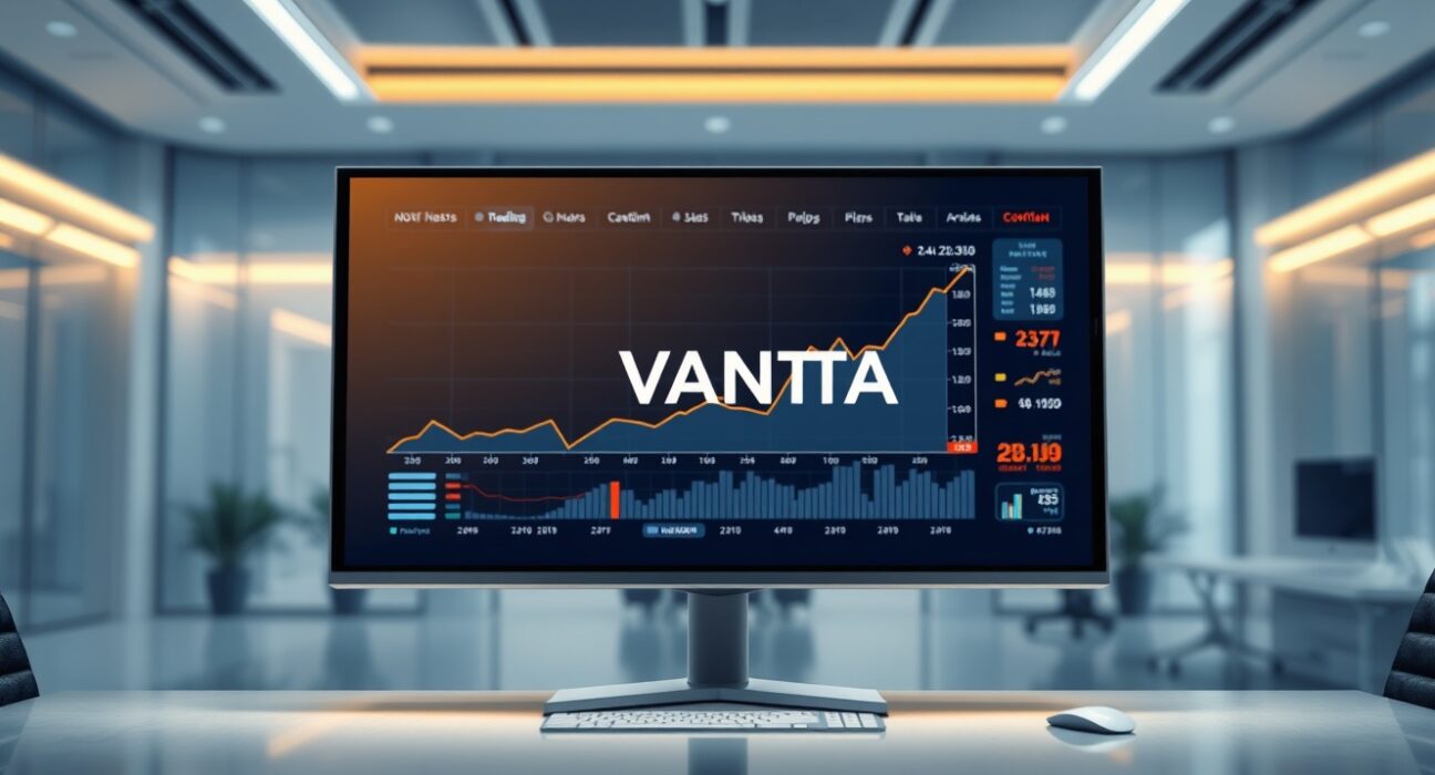 Trading screen displaying charts with VANTA logo on a modern desk in a professional newsroom setting