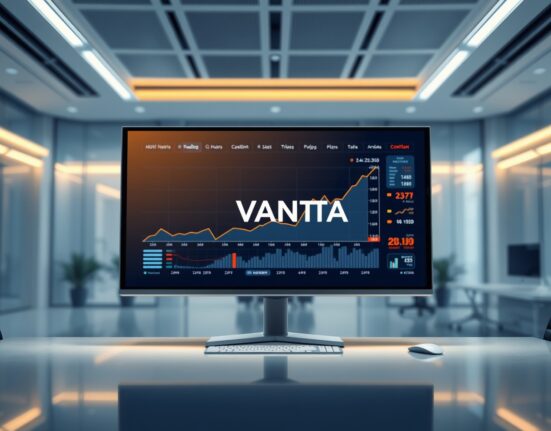 Trading screen displaying charts with VANTA logo on a modern desk in a professional newsroom setting