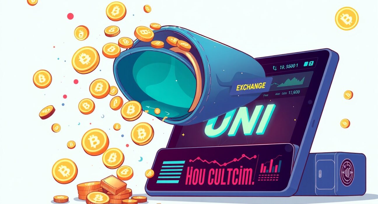 Variant Fund UNI transfer illustration showing digital tokens moving to cryptocurrency exchange