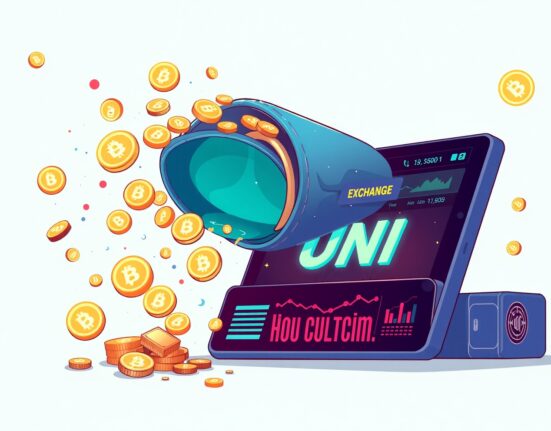 Variant Fund UNI transfer illustration showing digital tokens moving to cryptocurrency exchange