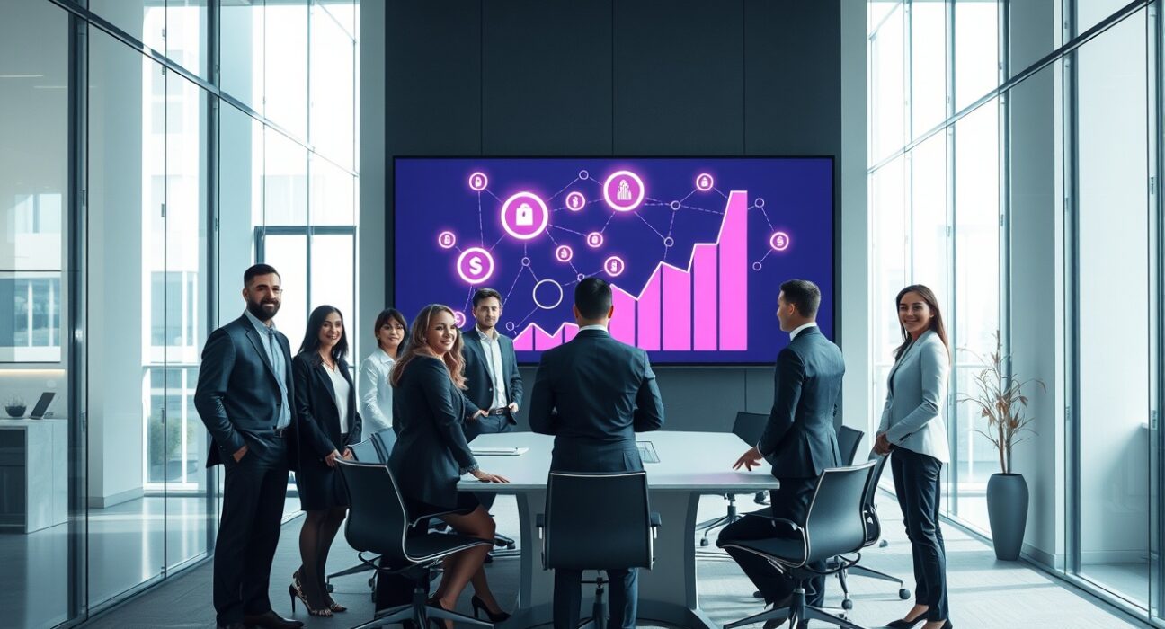 Professional team in a modern office discussing blockchain and tokenization on a digital screen