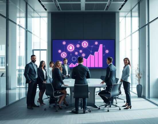 Professional team in a modern office discussing blockchain and tokenization on a digital screen