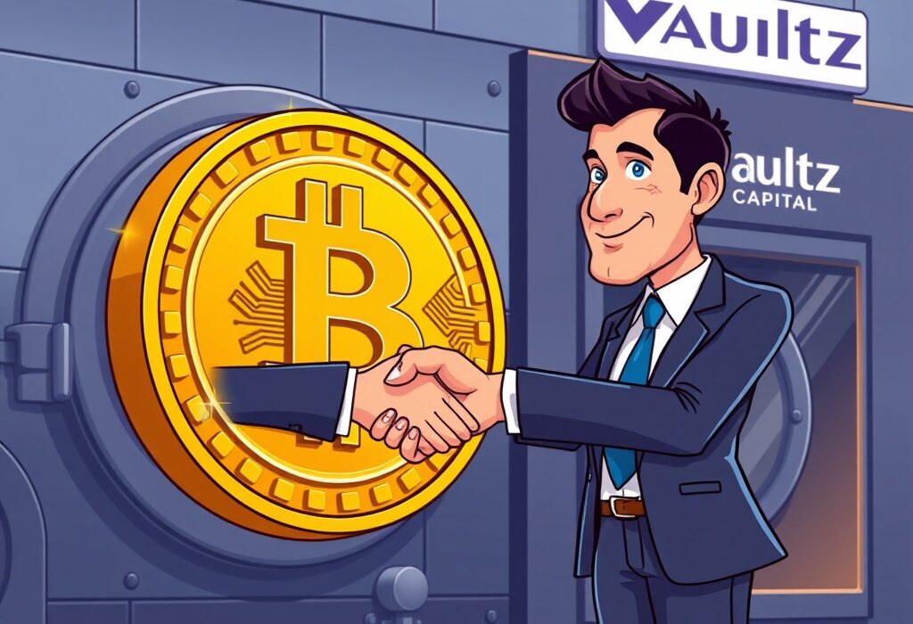 Cartoon illustration showing Vaultz Capital's COO advancing a bold Bitcoin strategy within a corporate treasury.