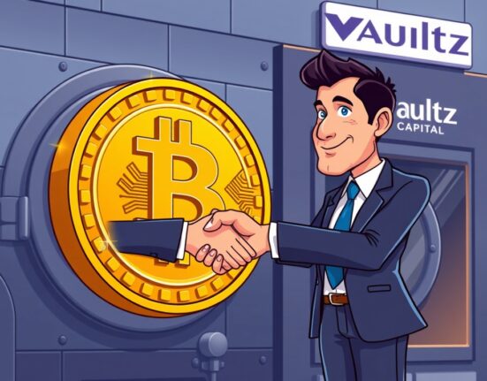 Cartoon illustration showing Vaultz Capital's COO advancing a bold Bitcoin strategy within a corporate treasury.