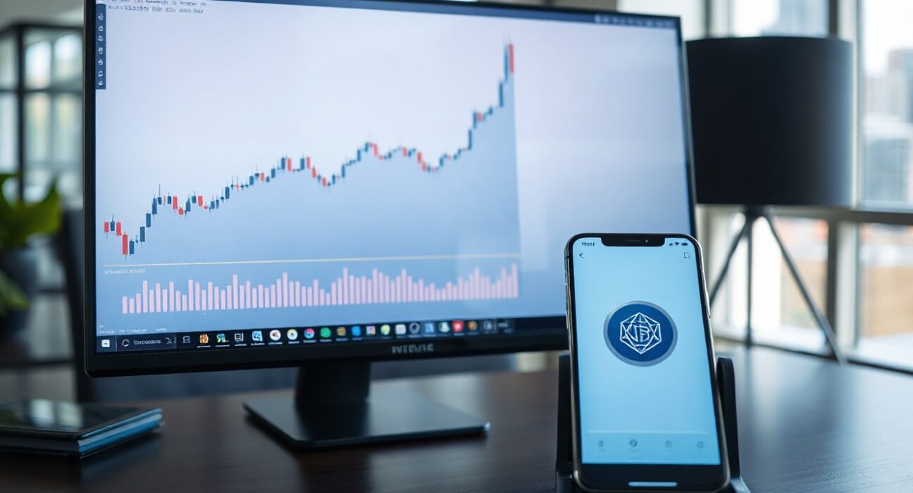 Vbridge Dollar Parking trading interface with stablecoin wallet and stock chart on a desk