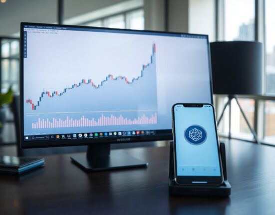 Vbridge Dollar Parking trading interface with stablecoin wallet and stock chart on a desk