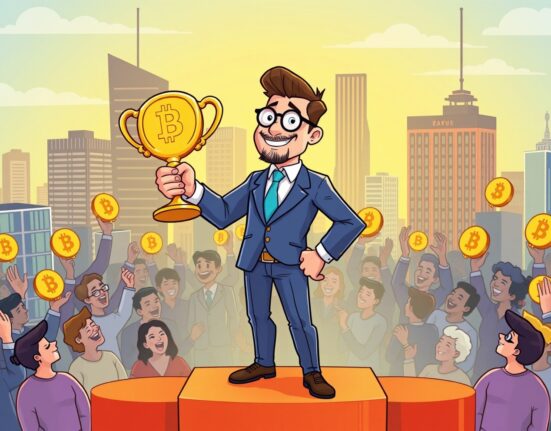 A cartoon investor celebrates as a top crypto winner for 2025, holding a trophy amid a vibrant digital finance landscape.