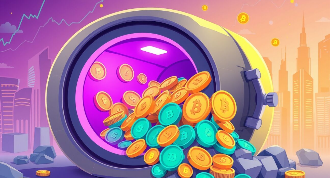 Vibrant illustration of OOB tokens flowing into a digital treasury vault representing crypto innovation