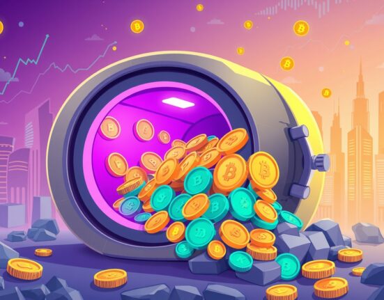 Vibrant illustration of OOB tokens flowing into a digital treasury vault representing crypto innovation