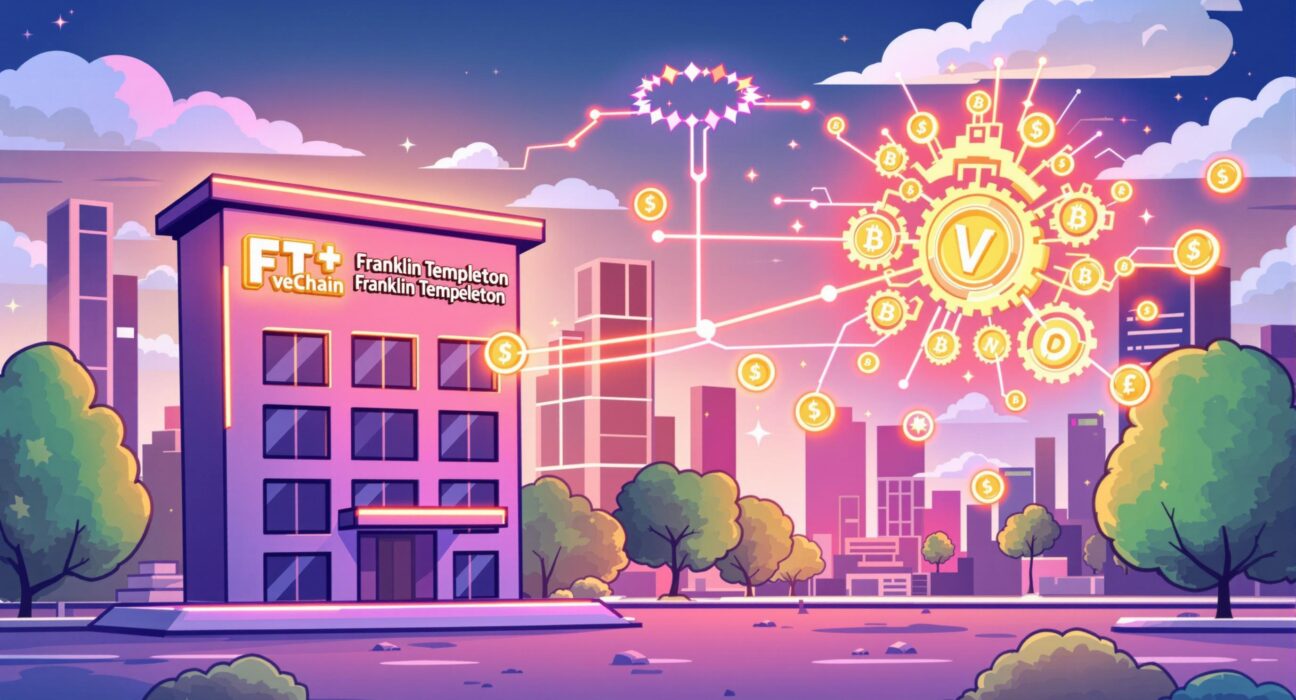 A cartoon illustration showing the innovative integration of Franklin Templeton's platform with VeChain for seamless enterprise payments.