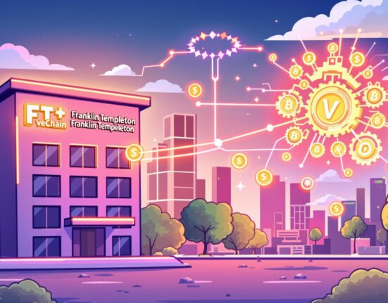 A cartoon illustration showing the innovative integration of Franklin Templeton's platform with VeChain for seamless enterprise payments.