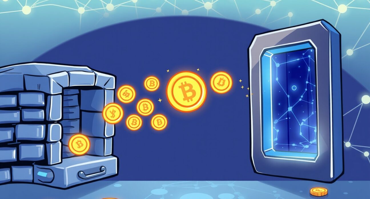 Illustration of digital tokens migrating from an old system to a new one, symbolizing the Velora VLR token migration.