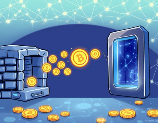 Illustration of digital tokens migrating from an old system to a new one, symbolizing the Velora VLR token migration.