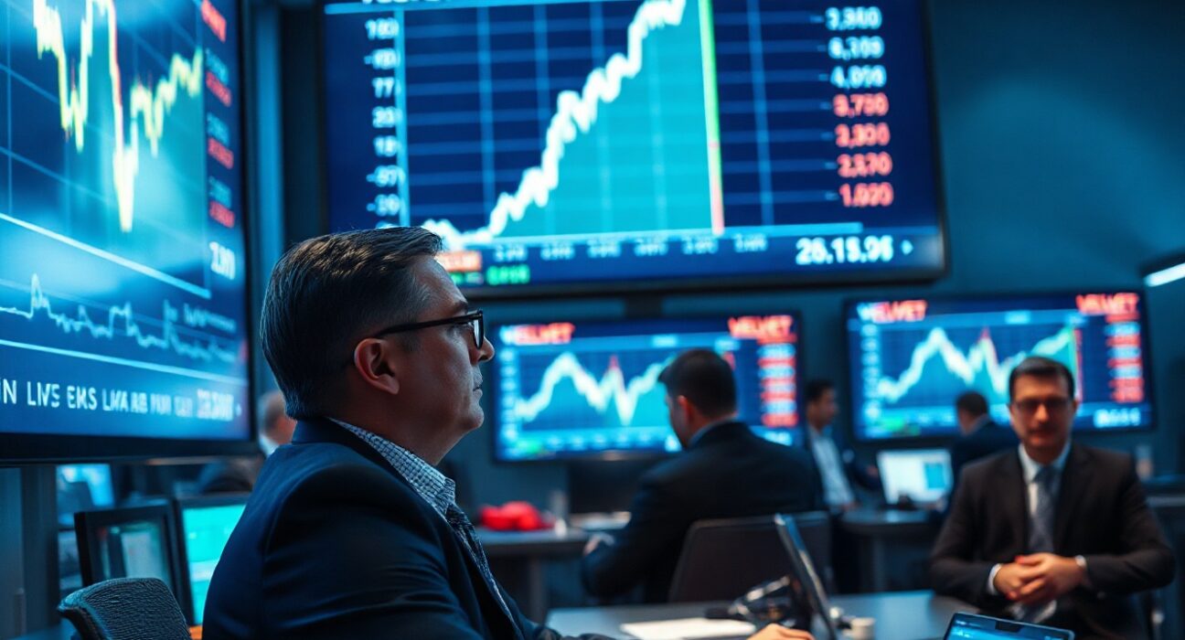 Cryptocurrency trader monitoring a sharp price spike on multiple screens, representing Velvet Capital token activity.