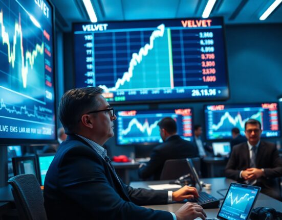 Cryptocurrency trader monitoring a sharp price spike on multiple screens, representing Velvet Capital token activity.