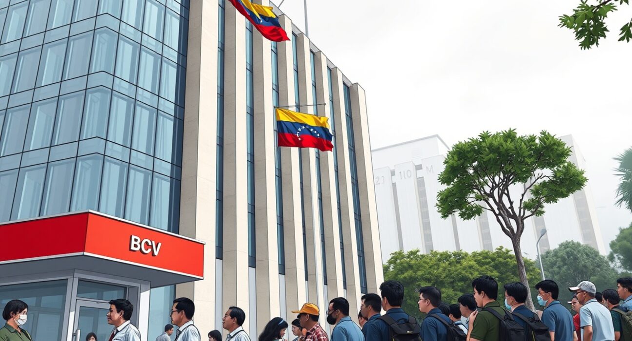 Banco Central de Venezuela headquarters in Caracas with citizens waiting at an exchange office, representing exchange rate stability and cooling inflation.