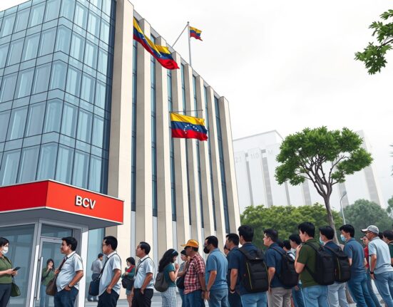 Banco Central de Venezuela headquarters in Caracas with citizens waiting at an exchange office, representing exchange rate stability and cooling inflation.