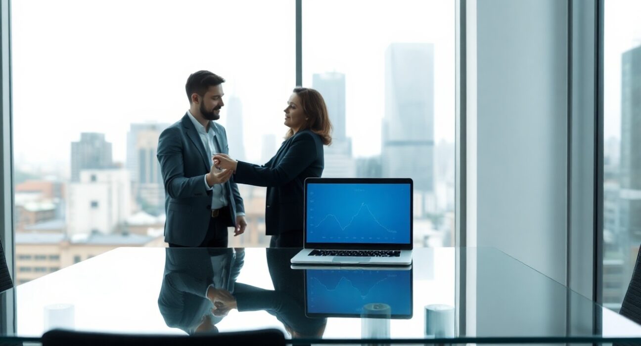 Two professionals at a desk with a laptop showing a declining graph, representing the shutdown of Ventuals.