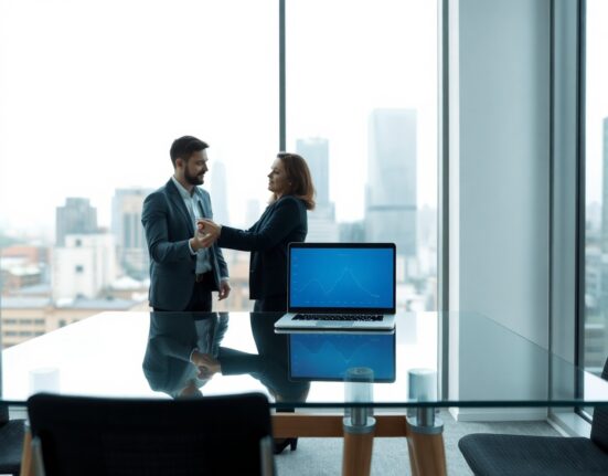 Two professionals at a desk with a laptop showing a declining graph, representing the shutdown of Ventuals.