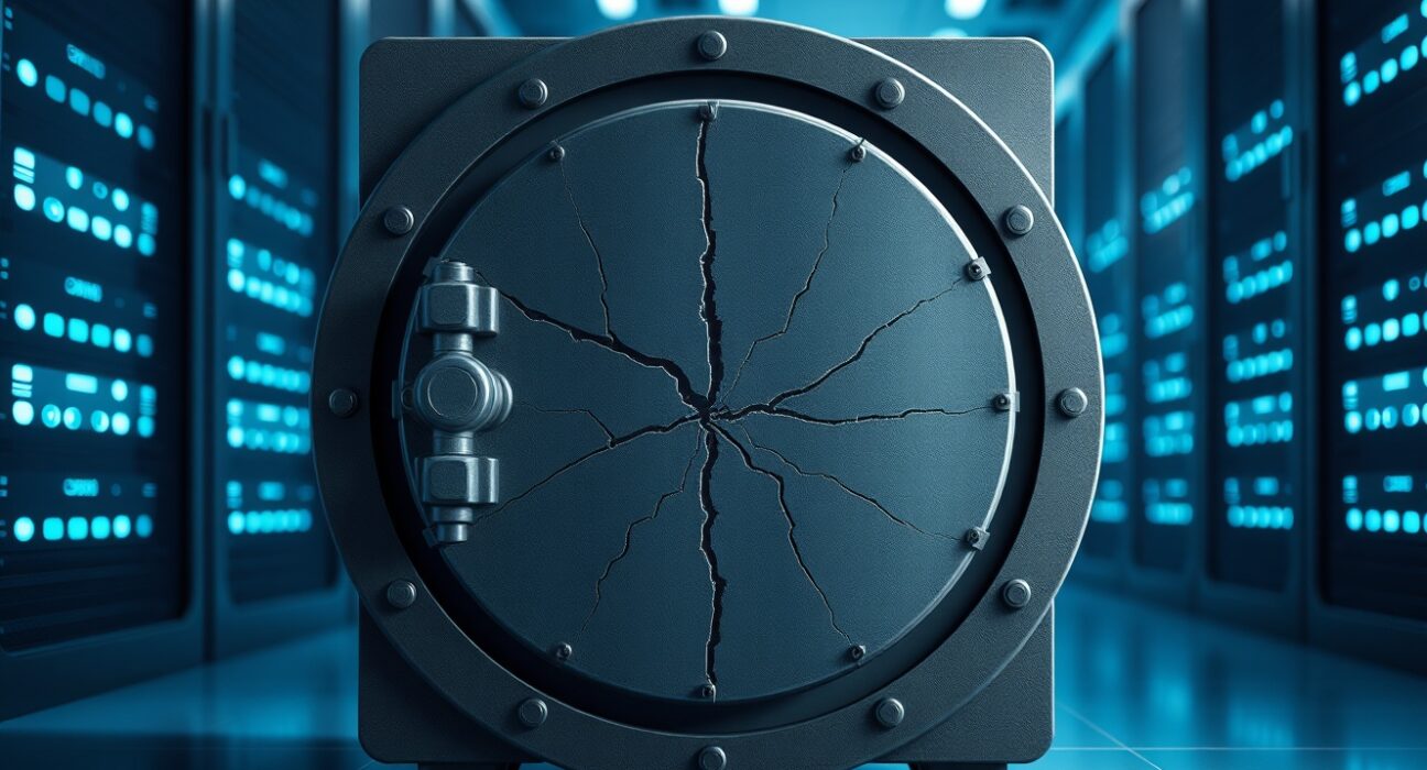 Venus Protocol exploit and bad debt crisis illustrated as a breached digital vault.