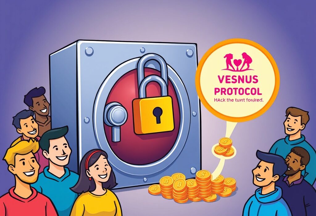 An illustration of Venus Protocol compensation, showing digital assets being returned to users after a phishing attack, symbolizing recovery and trust.