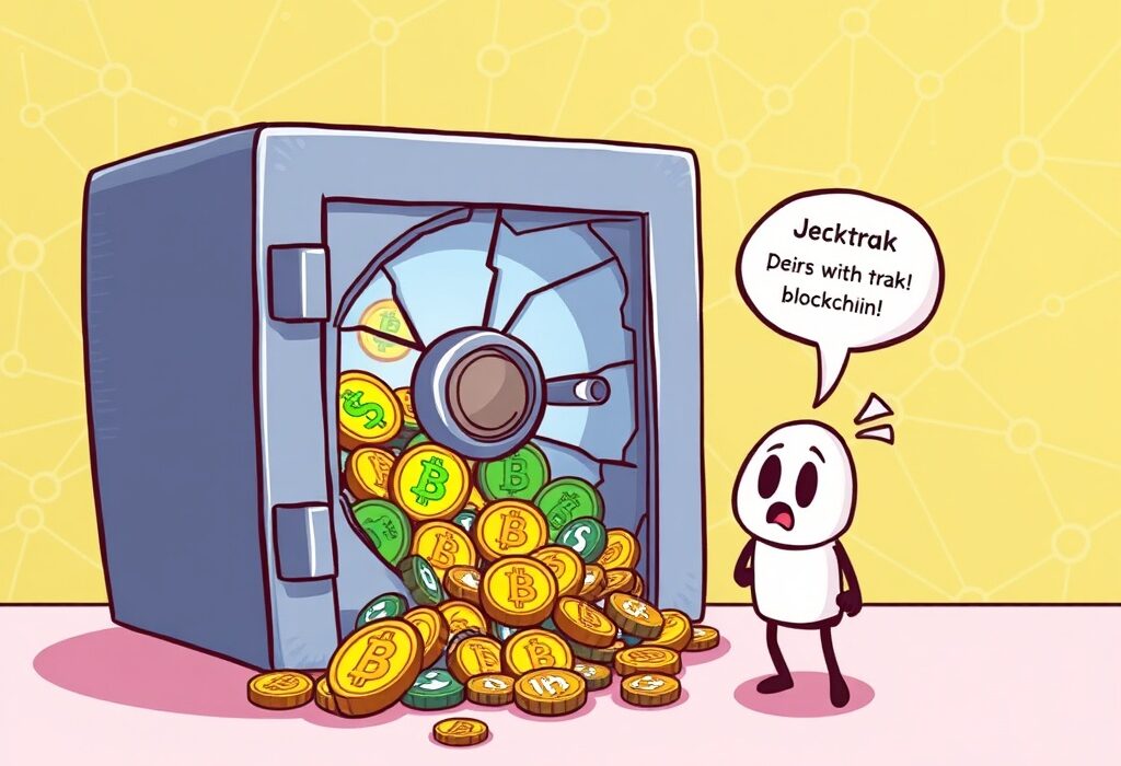 Cartoon illustration of a digital vault leaking money, symbolizing the significant Venus Protocol exploit and its impact on users.