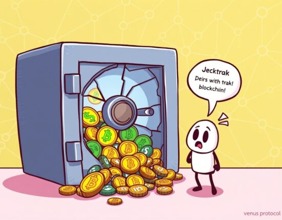 Cartoon illustration of a digital vault leaking money, symbolizing the significant Venus Protocol exploit and its impact on users.