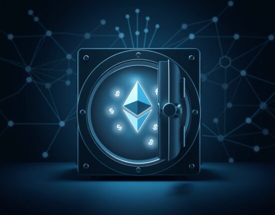 Digital representation of Ethereum assets being moved from a vault, illustrating the Venus Protocol hack and fund laundering.