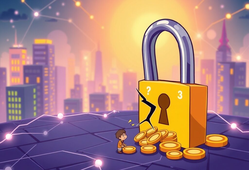 Cartoon showing a broken digital lock and spilled crypto coins, symbolizing the Venus Protocol security incident and user losses.