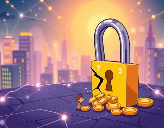 Cartoon showing a broken digital lock and spilled crypto coins, symbolizing the Venus Protocol security incident and user losses.