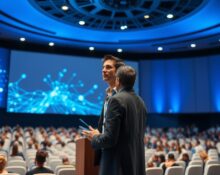Vercel CEO Guillermo Rauch speaking on stage at a tech conference about AI agents and infrastructure.